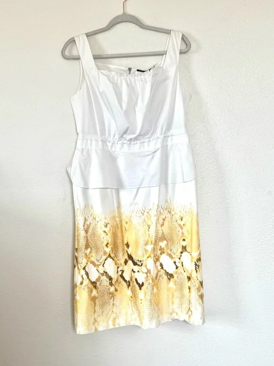 ELIE TAHARI BROOKE PEPLUM SHEATH DRESS WHITE SNAKESKIN YELLOW COTTON 12 NEW $368 - Picture 2 of 10